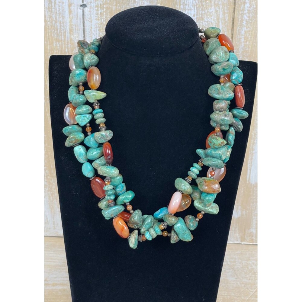 BARSE Turquoise Carnelian Agate .925 Silver 3 Strand Chunky 18" Beaded Necklace - Picture 6 of 10